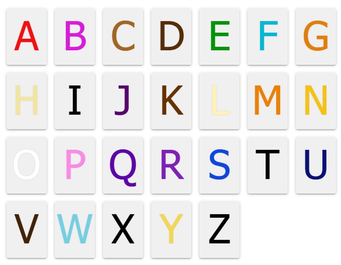 All of the letters of the English alphabet, each coloured a different colour